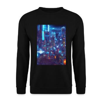 Cool Japanese Techno Cat In Japan Neon City - Unisex Pullover - Schwarz - Vorne - Alina (178cm) & Michal (187cm)