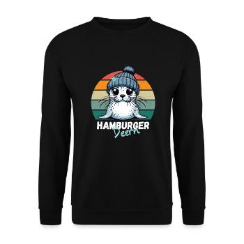 Hamburg Seehund Robbe Hamburger Deern Lustig Retro - Unisex Pullover - Schwarz - Vorne - Alina (178cm) & Michal (187cm)