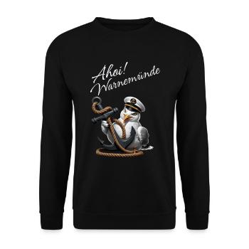 Ahoi Warnemünde ! Lustige Möwe mit Anker - Unisex Pullover - Schwarz - Vorne - Alina (178cm) & Michal (187cm)