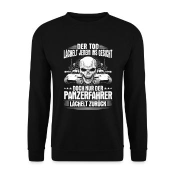 Panzer Panzerfahrer Tank Tanks Geschenk Lächeln - Unisex Pullover - Schwarz - Vorne - Alina (178cm) & Michal (187cm)