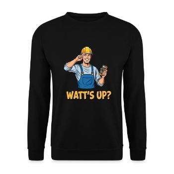 Elektriker Witz: Watt’s Up? Lustiger Spruch - Unisex Pullover - Schwarz - Vorne - Alina (178cm) & Michal (187cm)