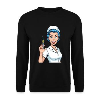 Verrückte Krankenschwester Comic Pop Art Spritze - Unisex Pullover - Schwarz - Vorne - Alina (178cm) & Michal (187cm)