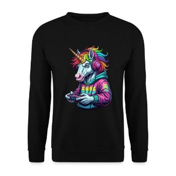 Einhorn Gamer: Retro Zocker Spaß! - Unisex Pullover - Schwarz - Vorne - Alina (178cm) & Michal (187cm)