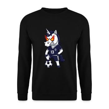 Wütendes Einhorn Fußball Fan Trikot 13 - Unisex Pullover - Schwarz - Vorne - Alina (178cm) & Michal (187cm)