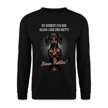Klein, lieb und nett? Böser Fehler! - Dackel - Unisex Pullover - Schwarz - Vorne - Alina (178cm) & Michal (187cm)