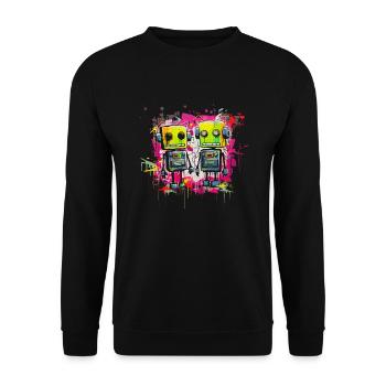 Farbenfrohes Roboter-Duo - Unisex Pullover - Schwarz - Vorne - Alina (178cm) & Michal (187cm)