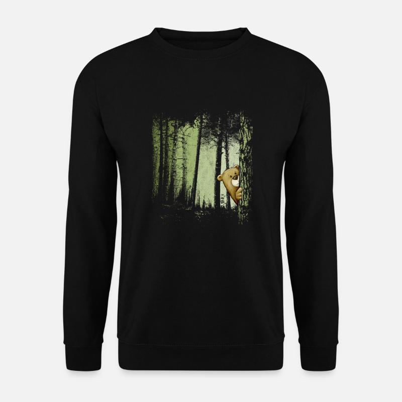 Lustiger Comic Bär versteckt im Zwielicht Wald - Unisex Pullover - Schwarz