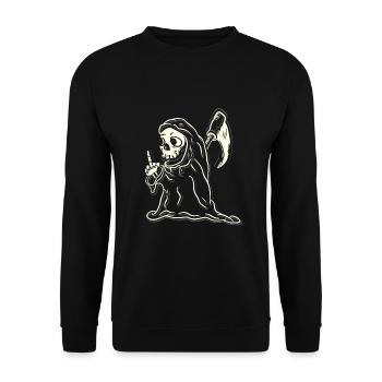 Sensenmann zeigt Stinkefinger - Unisex Pullover - Schwarz - Vorne - Alina (178cm) & Michal (187cm)