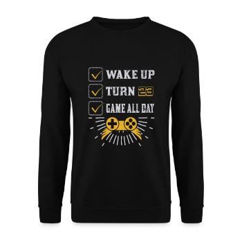FoundLux New Design, WAKE UP TURN GAME ALL DAY - Unisex Sweatshirt - black - Front - Alina (178cm) & Michal (187cm)