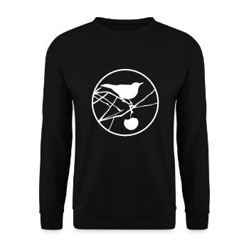 Amsel im Baum | Amsel mit Apfel - Unisex Pullover - Schwarz - Vorne - Alina (178cm) & Michal (187cm)