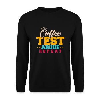QA Tester - Kaffee, Test, Argue, Wiederholen - Unisex Pullover - Schwarz - Vorne - Alina (178cm) & Michal (187cm)