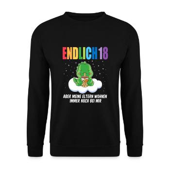 Endlich 18 Dino auf Wolke - Unisex Pullover - Schwarz - Vorne - Alina (178cm) & Michal (187cm)