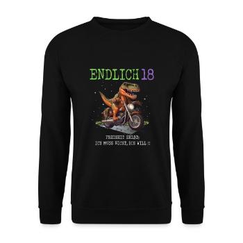 Endlich 18 Dino auf Motorrad - Unisex Pullover - Schwarz - Vorne - Alina (178cm) & Michal (187cm)