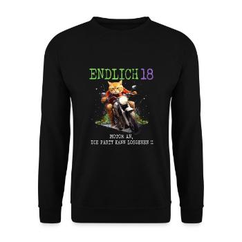 Endlich 18 Katze auf Motorrad - Unisex Pullover - Schwarz - Vorne - Alina (178cm) & Michal (187cm)