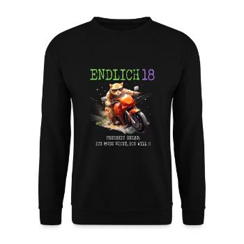Katze auf Motorrad Endlich 18 - Unisex Pullover - Schwarz - Vorne - Alina (178cm) & Michal (187cm)