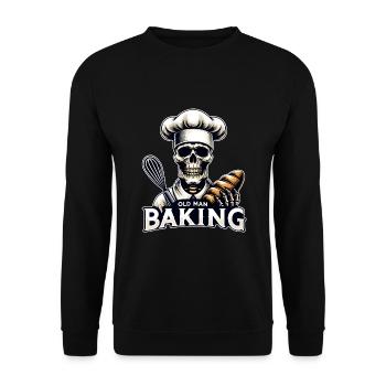 Old Man Baking Skull mit Bäckermütze backt Brot - Unisex Pullover - Schwarz - Vorne - Alina (178cm) & Michal (187cm)