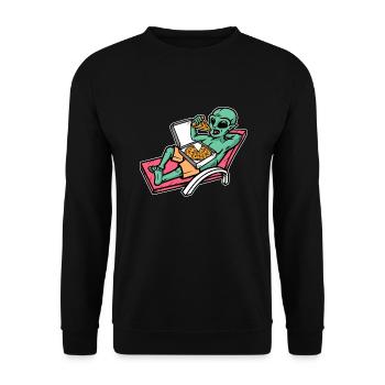 Alien isst Pizza - Unisex Pullover - Schwarz - Vorne - Alina (178cm) & Michal (187cm)