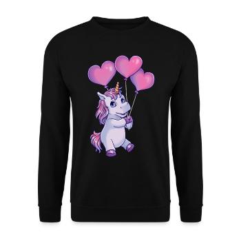 Einhorn mit Herzen Ballon Valentinstag - Unisex Pullover - Schwarz - Vorne - Alina (178cm) & Michal (187cm)