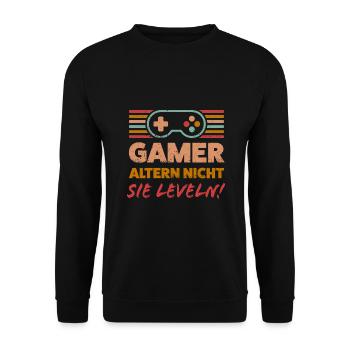 "Gamer altern nicht, sie leveln!" Zocker Shirt - Unisex Pullover - Schwarz - Vorne - Alina (178cm) & Michal (187cm)