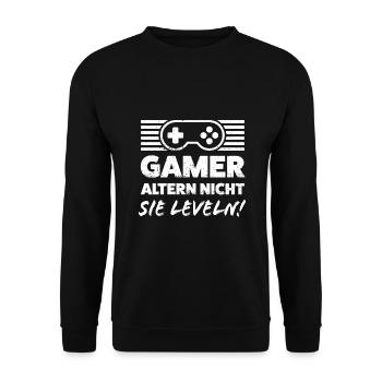 "Gamer altern nicht, sie leveln!" Zocker Shirt - Unisex Pullover - Schwarz - Vorne - Alina (178cm) & Michal (187cm)