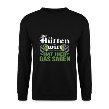 Hüttenwirt Berghütte Almwirtschaft almwiesn - Unisex Pullover - Schwarz - Vorne - Alina (178cm) & Michal (187cm)