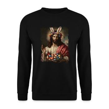 Jesus Christus zu Ostern mit Ostereiern - Unisex Pullover - Schwarz - Vorne - Alina (178cm) & Michal (187cm)