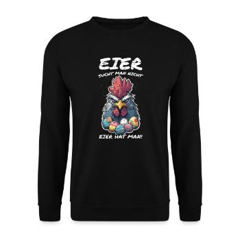 Eier sucht man nicht Hahn Ostern - Unisex Pullover - Schwarz - Vorne - Alina (178cm) & Michal (187cm)