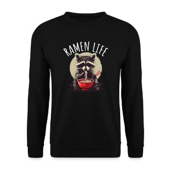 Waschbär süß mit Ramen Life Kawaii Japan - Unisex Pullover - Schwarz - Vorne - Alina (178cm) & Michal (187cm)