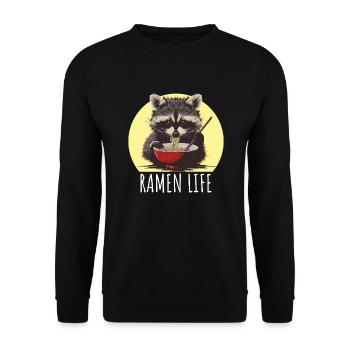 Waschbär süß mit Ramen Life Kawaii Japan - Unisex Pullover - Schwarz - Vorne - Alina (178cm) & Michal (187cm)