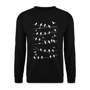 Silhouettenhafte Vögel auf minimalistischen Fäden - Unisex Pullover - Schwarz - Vorne - Alina (178cm) & Michal (187cm)