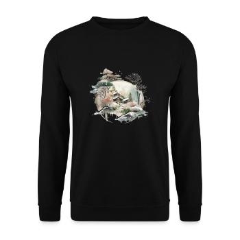 Winterlandschaft japanischer Stil - Unisex Pullover - Schwarz - Vorne - Alina (178cm) & Michal (187cm)