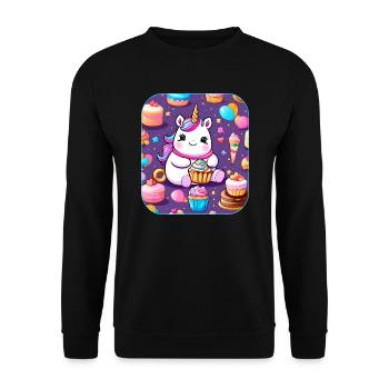 Niedliches dickes Einhorn mit Kuchen und Cup Cakes - Unisex Pullover - Schwarz - Vorne - Alina (178cm) & Michal (187cm)