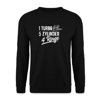 Fünf 5 Zylinder Motor Turbolader 4 Ringe Tuning - Unisex Pullover - Schwarz - Vorne - Alina (178cm) & Michal (187cm)