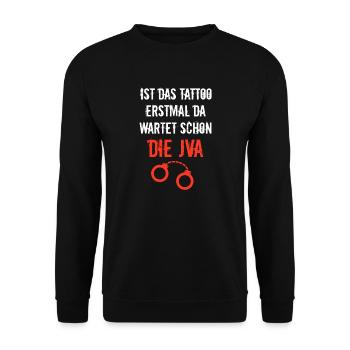 Tattoos Spruch JVA Lustiges Anti Tattoo - Unisex Pullover - Schwarz - Vorne - Alina (178cm) & Michal (187cm)