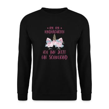 Bye Kindergarten Schule Einhorn Schulkind Geschenk - Unisex Pullover - Schwarz - Vorne - Alina (178cm) & Michal (187cm)