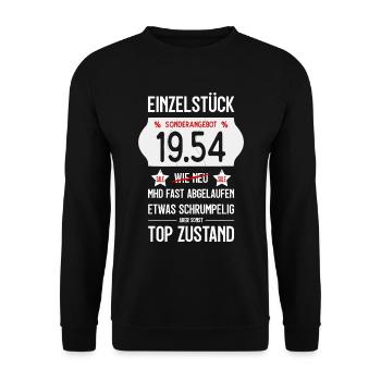 72. GEBURTSTAG 1954 EINZELSTÜCK PREISSCHILD - Unisex Pullover - Schwarz - Vorne - Alina (178cm) & Michal (187cm)