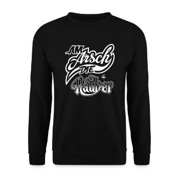 Handlettering „Am Arsch die Räuber“ (weiß) - Unisex Pullover - Schwarz - Vorne - Alina (178cm) & Michal (187cm)
