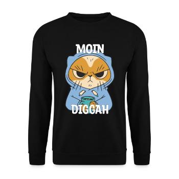 Moin Diggah Katze Kaffee Geschenk - Unisex Pullover - Schwarz - Vorne - Alina (178cm) & Michal (187cm)