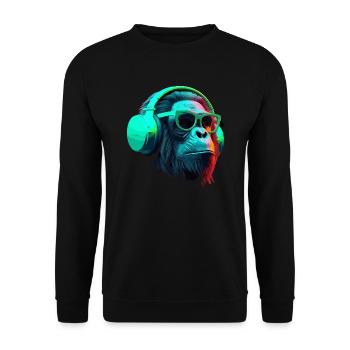Affe Schimpanse mit Sonnenbrille und Kopfhörer DJ - Unisex Pullover - Schwarz - Vorne - Alina (178cm) & Michal (187cm)