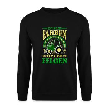 Echte Helden Fahren gelbe Felgen Landwirt Traktor - Unisex Pullover - Schwarz - Vorne - Alina (178cm) & Michal (187cm)