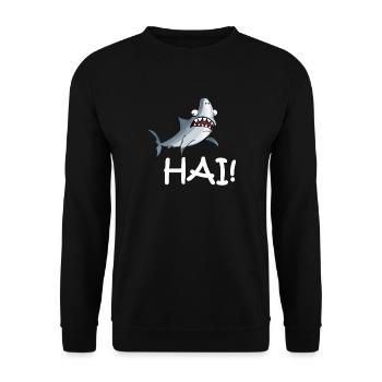 Hai mit Schriftzug - Unisex Pullover - Schwarz - Vorne - Alina (178cm) & Michal (187cm)