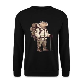 Capybara Abenteurer in den Bergen - Unisex Pullover - Schwarz - Vorne - Alina (178cm) & Michal (187cm)