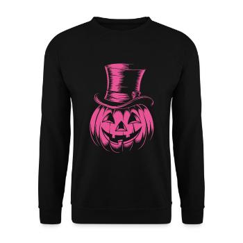 Halloweenkürbis mit Zylinder Strichzeichnung - Unisex Pullover - Schwarz - Vorne - Alina (178cm) & Michal (187cm)