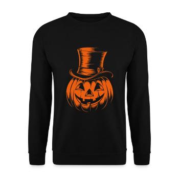 Halloweenkürbis mit Zylinder Strichzeichnung - Unisex Pullover - Schwarz - Vorne - Alina (178cm) & Michal (187cm)