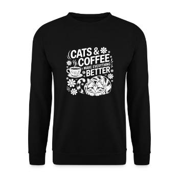 Katze und Kaffee ist alles was ich brauche - Unisex Pullover - Schwarz - Vorne - Alina (178cm) & Michal (187cm)