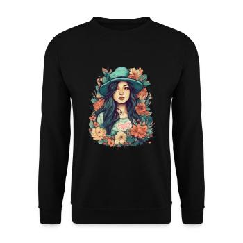 Asiatin Sommer Retro Vintage Blumen Design Asien - Unisex Pullover - Schwarz - Vorne - Alina (178cm) & Michal (187cm)