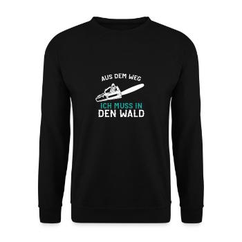 Ich muss in den Wald - Förster Holzfäller - Unisex Pullover - Schwarz - Vorne - Alina (178cm) & Michal (187cm)