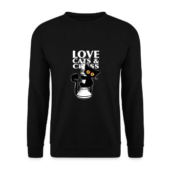 Süße schwarze Katze, klettert an Dame vom Schach - Unisex Pullover - Schwarz - Vorne - Alina (178cm) & Michal (187cm)