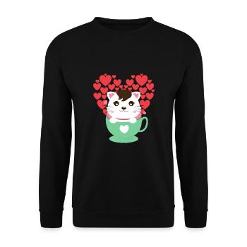 Katze mit Herzen - Unisex Pullover - Schwarz - Vorne - Alina (178cm) & Michal (187cm)