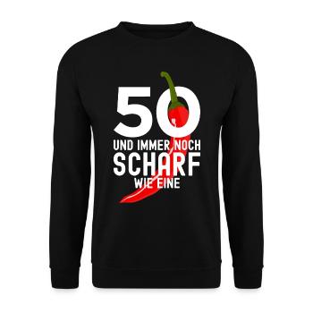 50. GEBURTSTAG JALAPENO 50 SCHARF WIE EINE CHILI - Unisex Pullover - Schwarz - Vorne - Alina (178cm) & Michal (187cm)